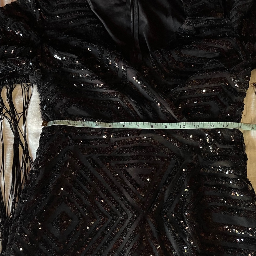 Venus NWT Black Sequin Bell Sleeve Fringe V-Neck Mini Dress - Picture 14 of 15